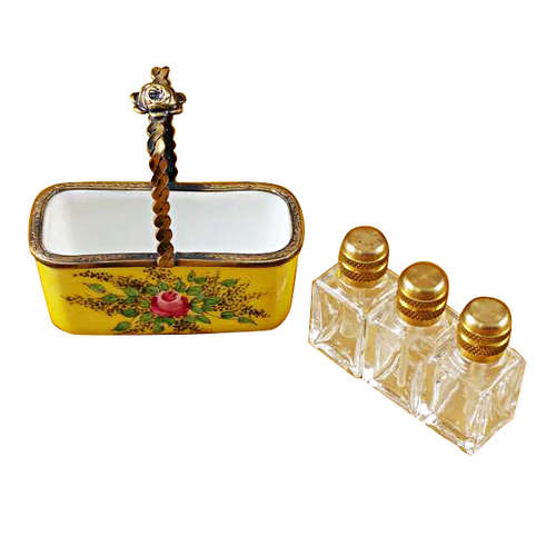 Magnifique Yellow Basket with Three Bottles Limoges Box