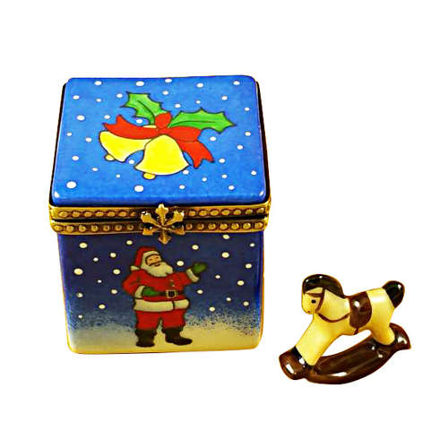 Magnifique Blue Christmas Cube with Rocking Horse Limoges Box