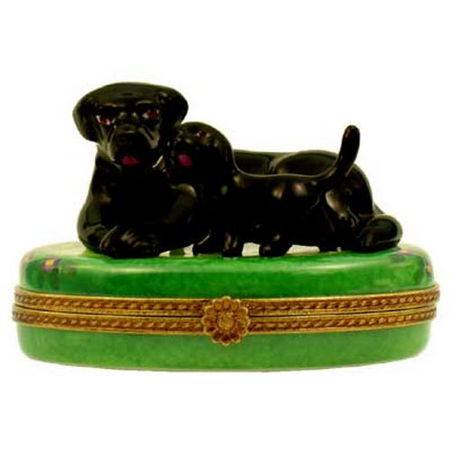 Magnifique Black Labrador Dog with Lab Puppy Limoges Box