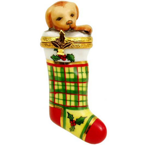Artoria Puppy in Christmas Stocking Limoges Box