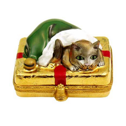 Artoria Santa Cat on Gold Present Limoges Box