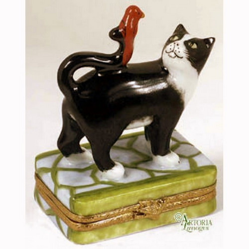 Artoria Tuxedo Cat with Red Bird Limoges Box