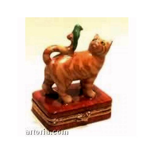 Artoria Orange Cat with Green Bird Limoges Box