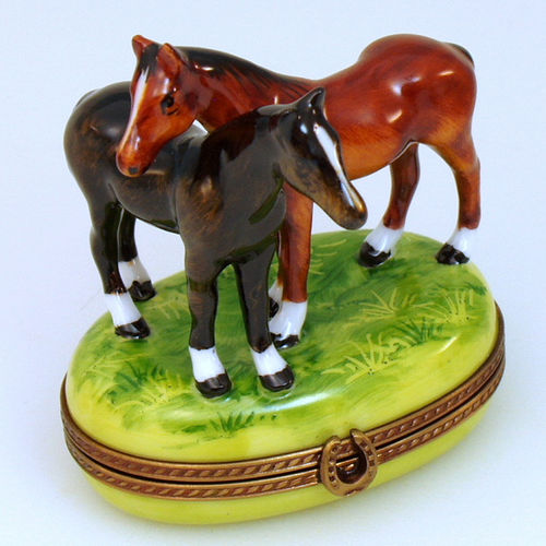 Chamart Standing Mare and Foal on Oval Limoges Box
