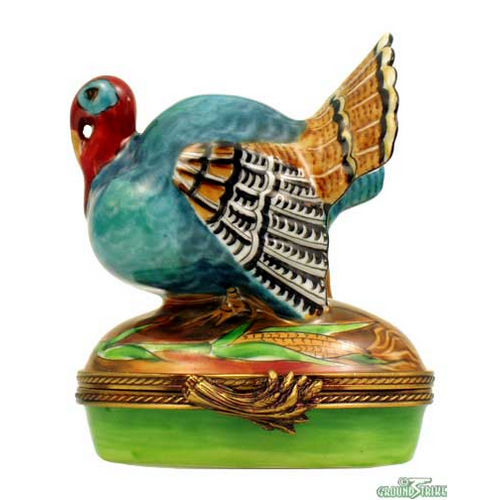 Rochard Blue Turkey with Cornstalk Limoges Box