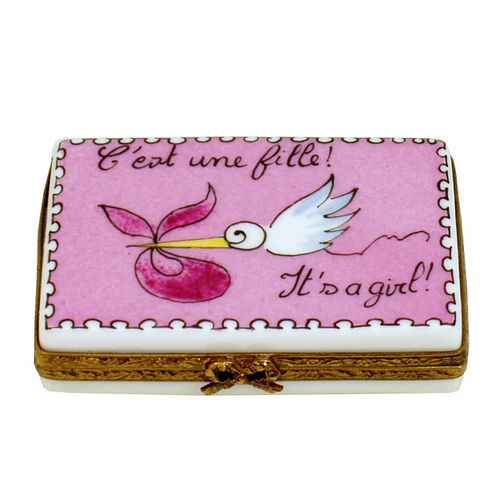 Rochard Pink Stork It's a Girl Limoges Box