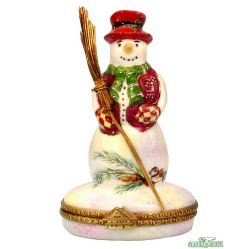Rochard Snowman with Red Hat and Broom Limoges Box