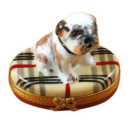 Rochard Bulldog on Plaid Rug Limoges Box