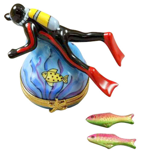 Rochard Scuba Diver with Two Removable Fish Limoges Box