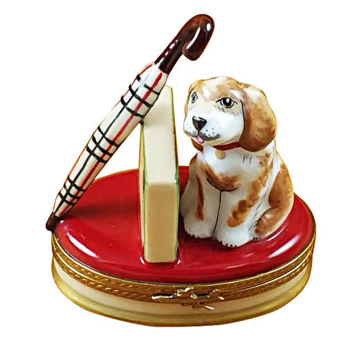 Rochard Spaniel with Briefcase and Umbrella Limoges Box