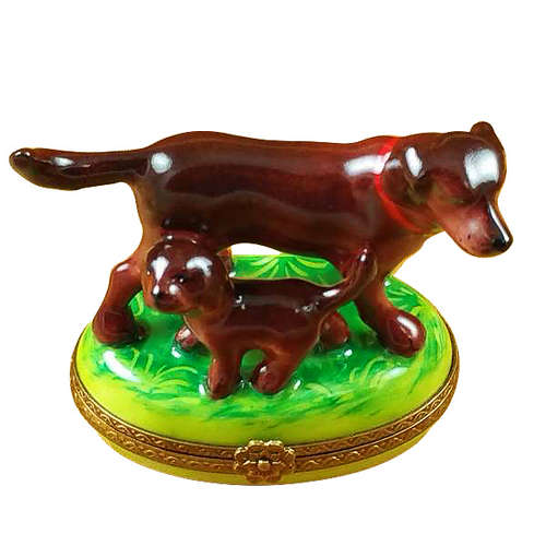 Rochard Chocolate Lab with Puppy Limoges Box