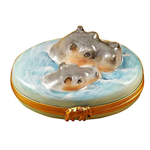 Rochard Hippo with Baby in Water Limoges Box