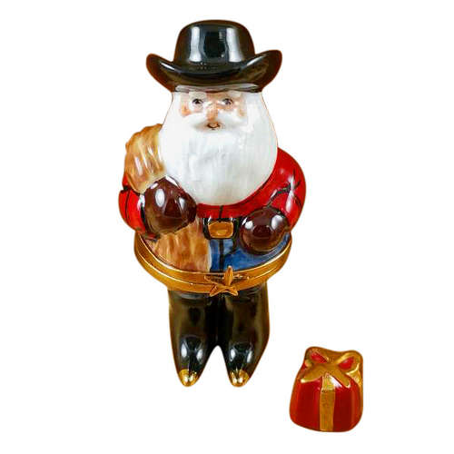 Rochard Santa with Cowboy Hat, Boots, Rope and Removable Present Limoges Box