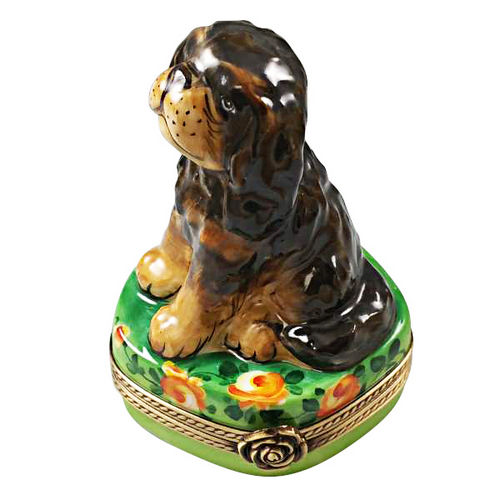 Rochard Black and Tan King Charles Spaniel Limoges Box