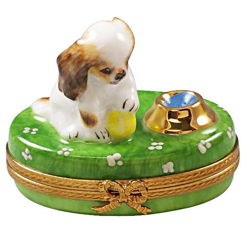 Rochard Spaniel Puppy with Ball and Bowl of Water Limoges Box