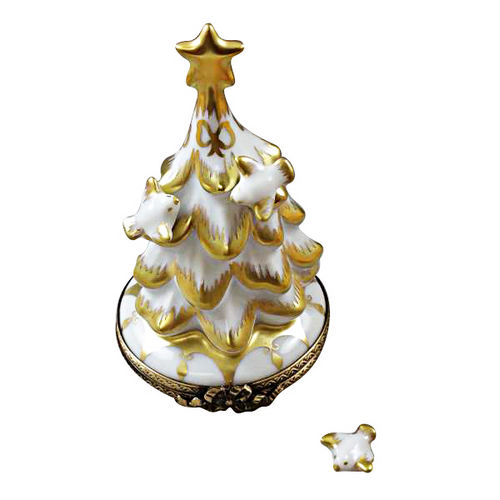 Rochard White and Gold Christmas Tree with Doves Limoges Box