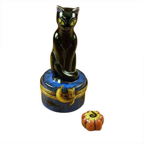Rochard Black Cat On Night Sky Scene with Pumpkin Limoges Box
