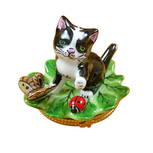 Rochard Cat on Leaf with Ladybug Limoges Box