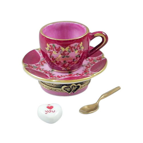 Rochard Valentine's Love Tea Cup with Spoon and Heart Sugar Cube Limoges Box