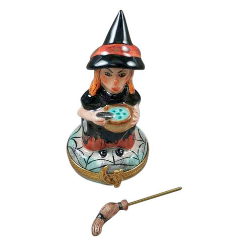 Rochard Witch with Broom and Cauldron Limoges Box