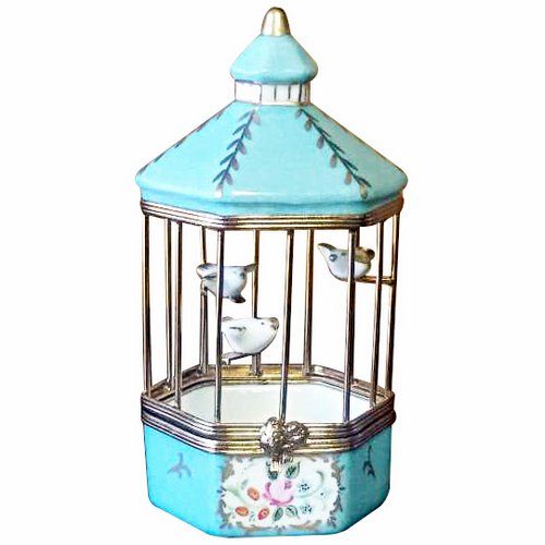 Rochard Tiffany-blue Bird Cage with 3 Gold Birds Limoges Box