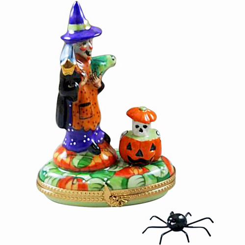Rochard Witch with Pumpkin and Removable Spider Limoges Box