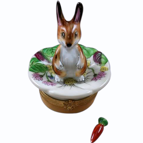 Rochard Brown Rabbit on Leaf w/ Carrot Limoges Box