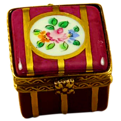 Rochard Small Burgundy Square with Gold Stripes and Flowers Limoges Box