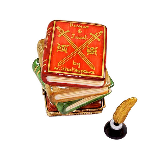 Rochard Shakespeare Stack of Books with Removable Porcelain Inkwell and Brass Feather Limoges Box