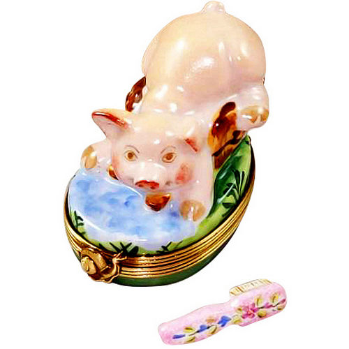 Rochard Pig Bath with Removable Brush Limoges Box