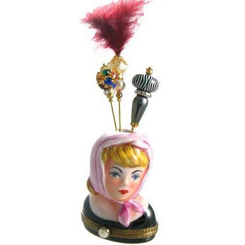 Chanille Women's Head with Scarf with 3 Pins Limoges Box